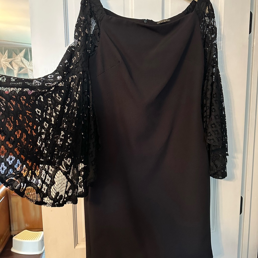 Black evening dress with lace bell sleeves